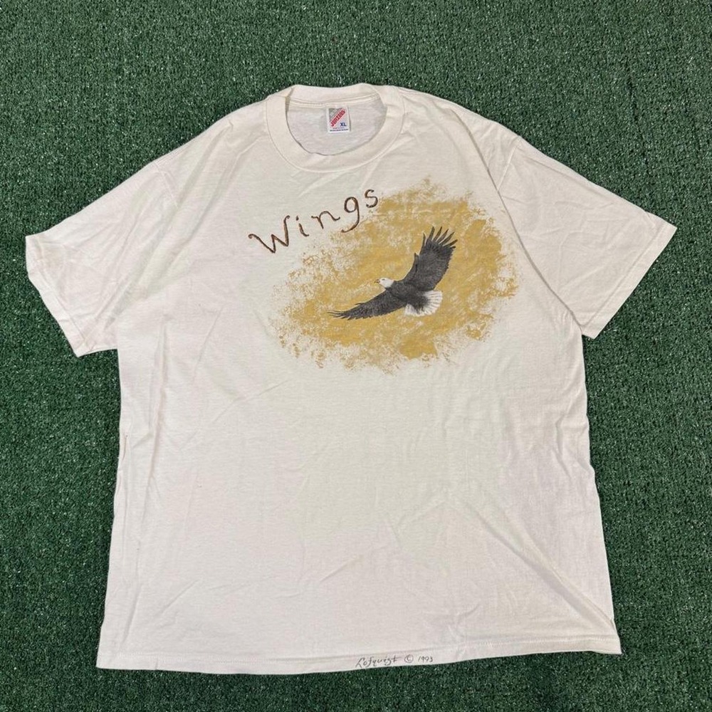 Vintage 1993 Wings Eagle Graphic Tee Jerzees Made in USA Off White XL 0211